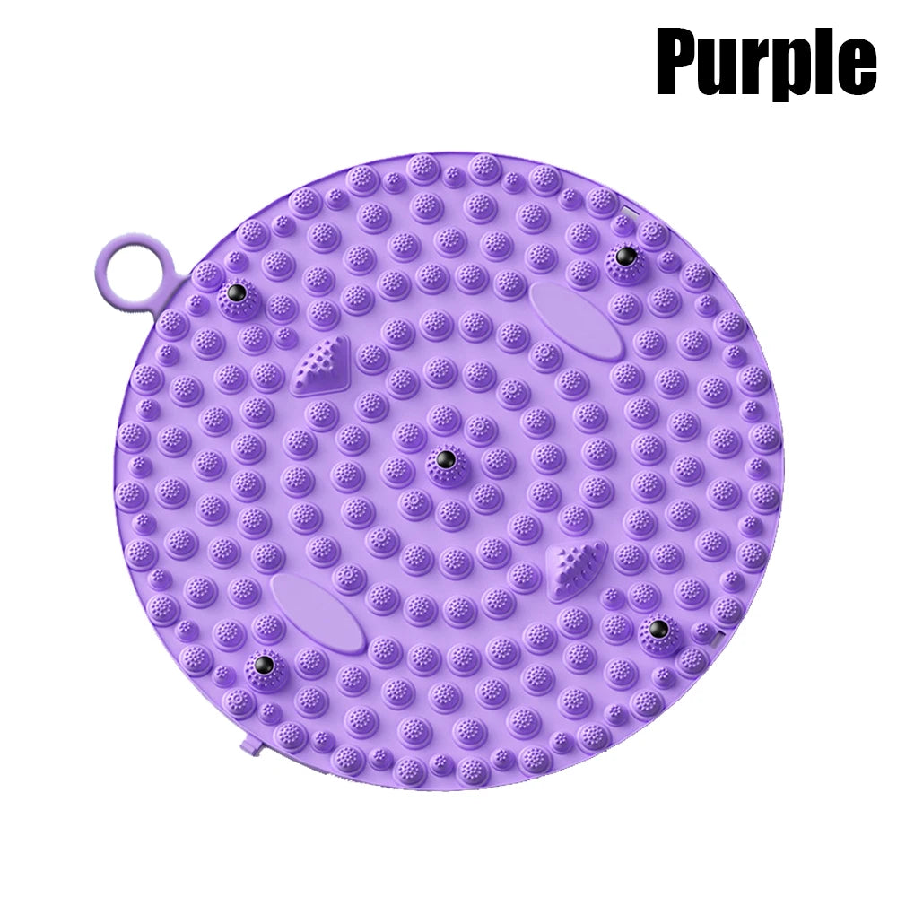 Purple circular acupressure foot massage mat with textured nubs for reflexology and health walk training.
