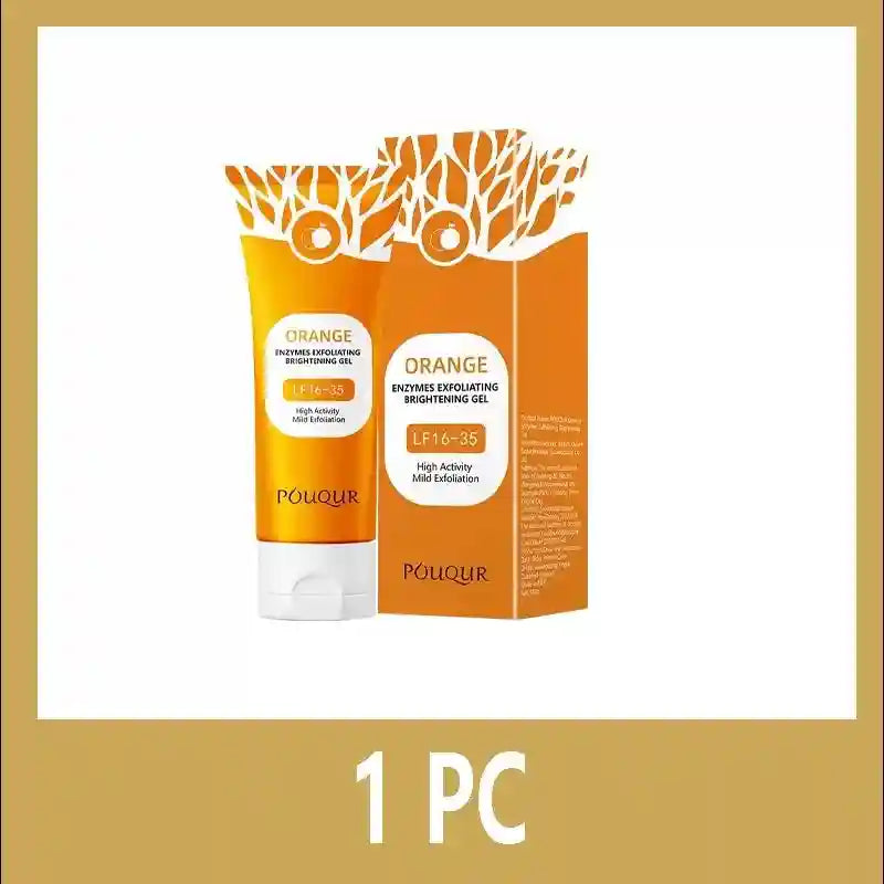 Orange exfoliating gel tube and matching box with leaf pattern and citrus icon, branding "POUQUR" in white and orange.