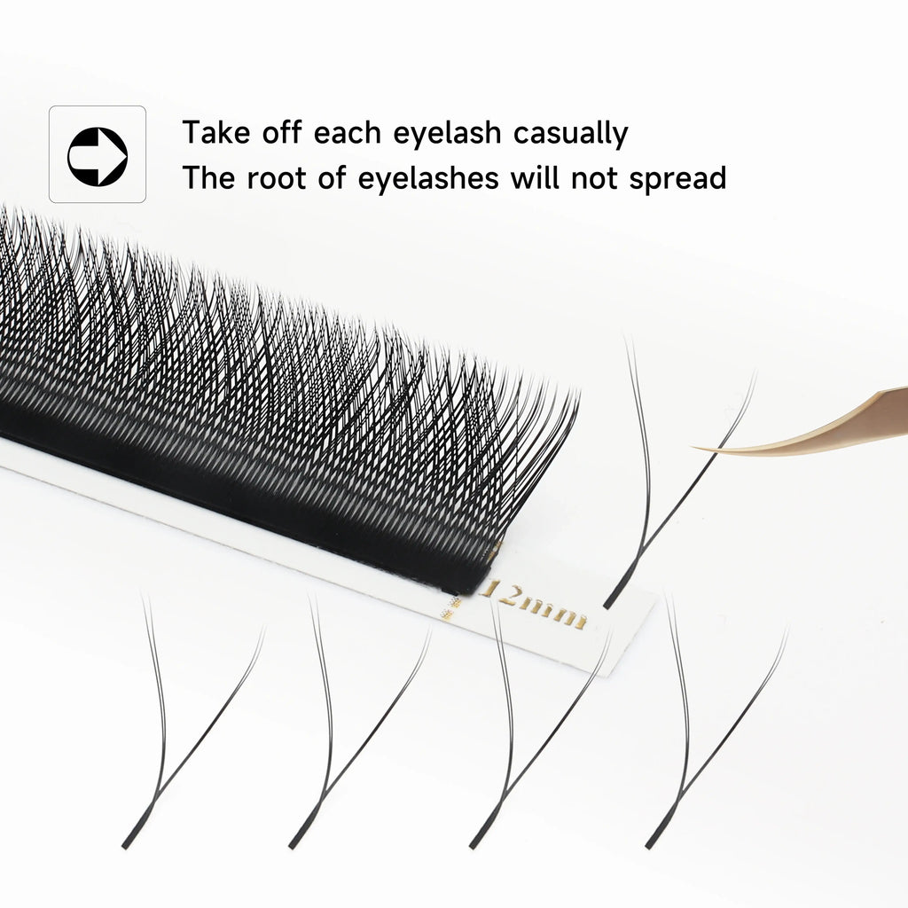 Black 12mm YY-shape eyelash extension tray. Fine, split-tip fibers designed for volume application.