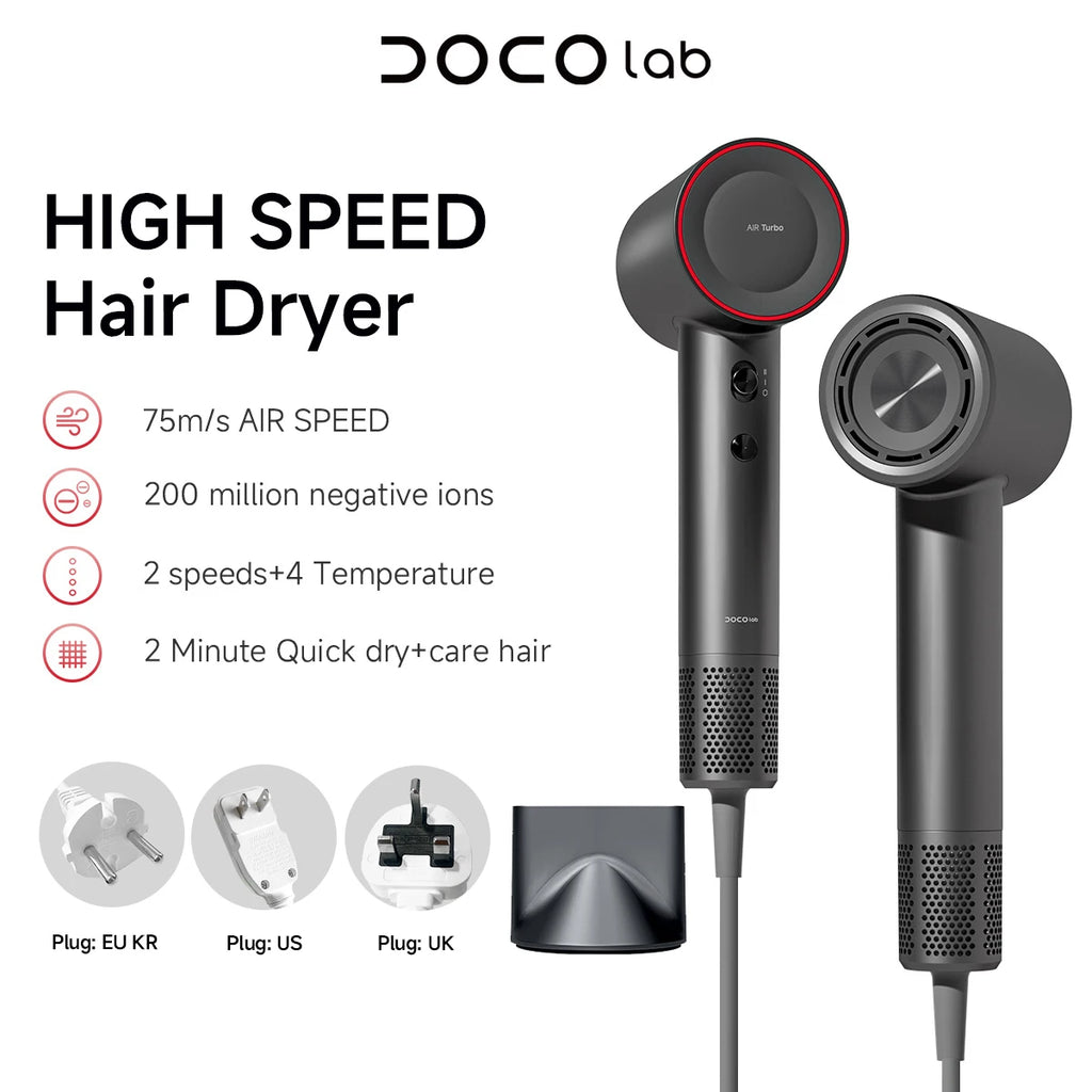 DOCO grey high-speed hair dryer with nozzle attachment, 200M negative ions, and 110k RPM motor for fast drying.
