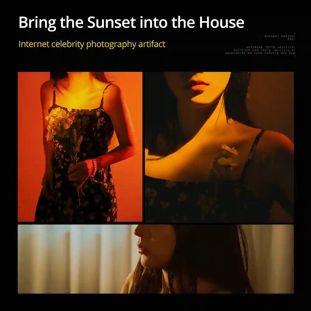 Sunset projection lamp casting warm orange light on a person, used for ambient lighting and photography effects.