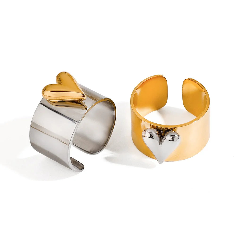 European and American stainless steel gold and silver color-matched fashionable heart-shaped opening rings, personalized titaniu