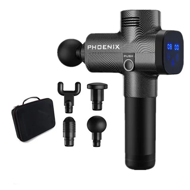 Black handheld percussion massage gun with digital display, four interchangeable heads, and a carrying case.