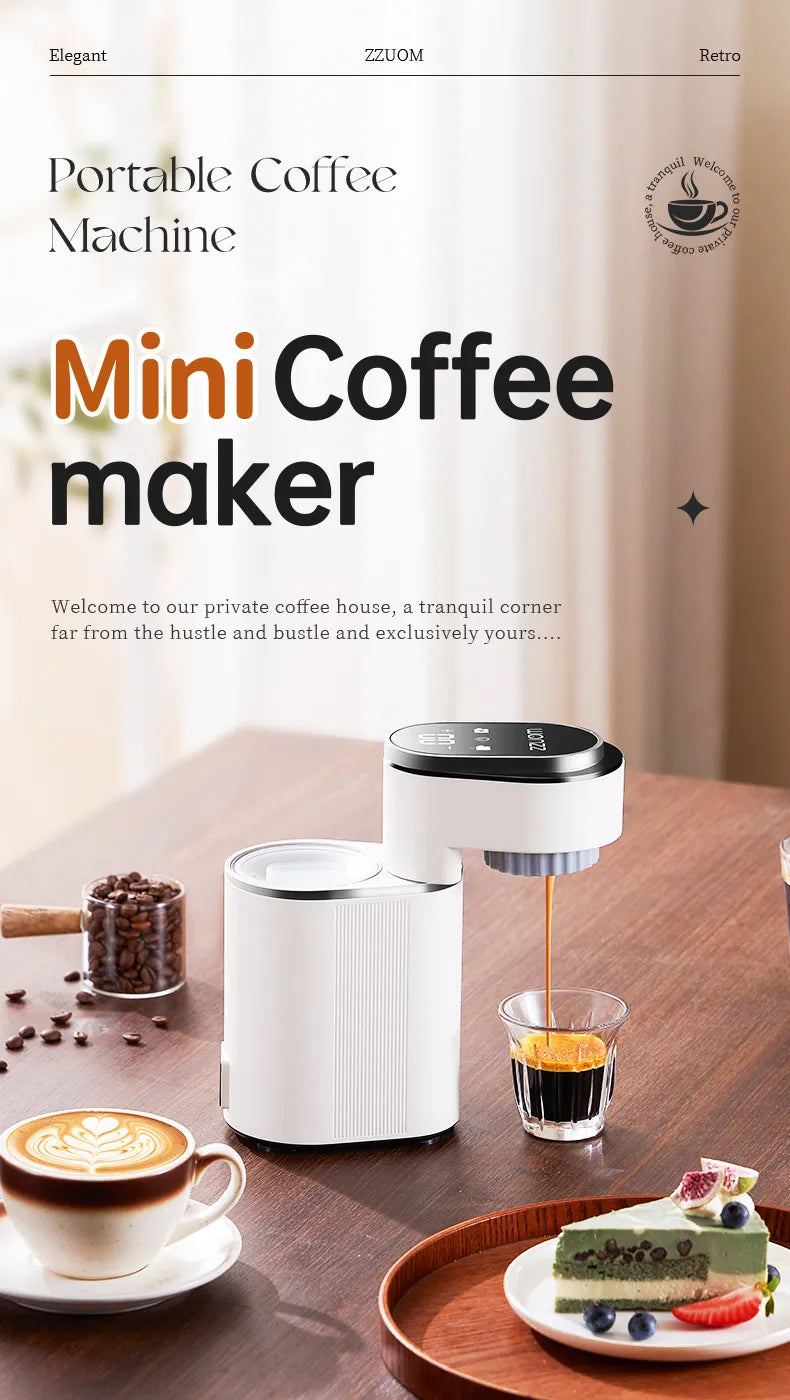 ZZUOM portable white mini coffee machine with digital display, brewing espresso into a small glass on a wooden table.