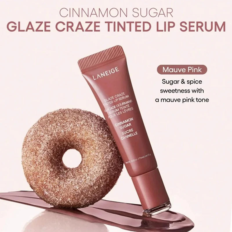 Laneige Glaze Craze Cinnamon Sugar Tinted Lip Serum in mauve pink with a glossy, hydrating texture next to a donut.