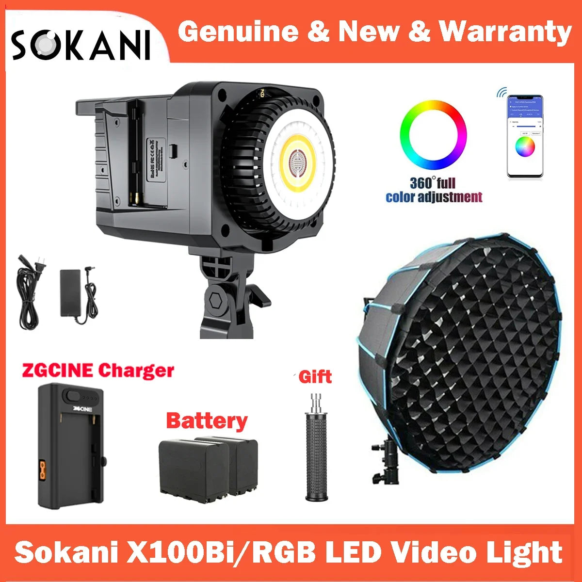 Sokani X100Bi/RGB LED video light kit with batteries, charger, power cable, and a honeycomb grid softbox for studio.