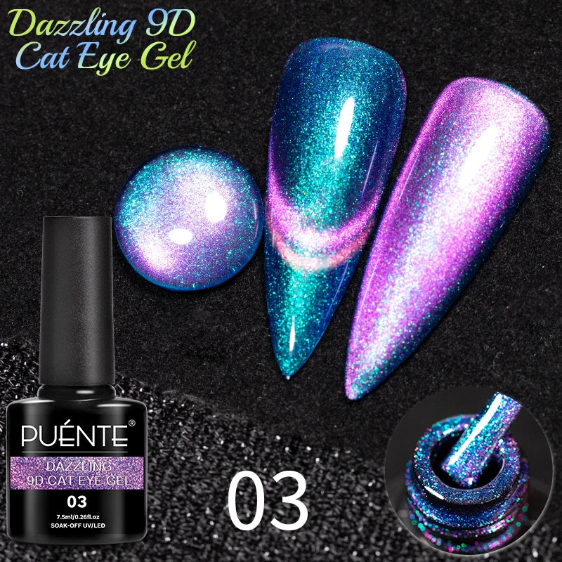 9D cat eye nail gel in shade 03, featuring shimmering teal and purple magnetic polish on two almond-shaped nail tips.