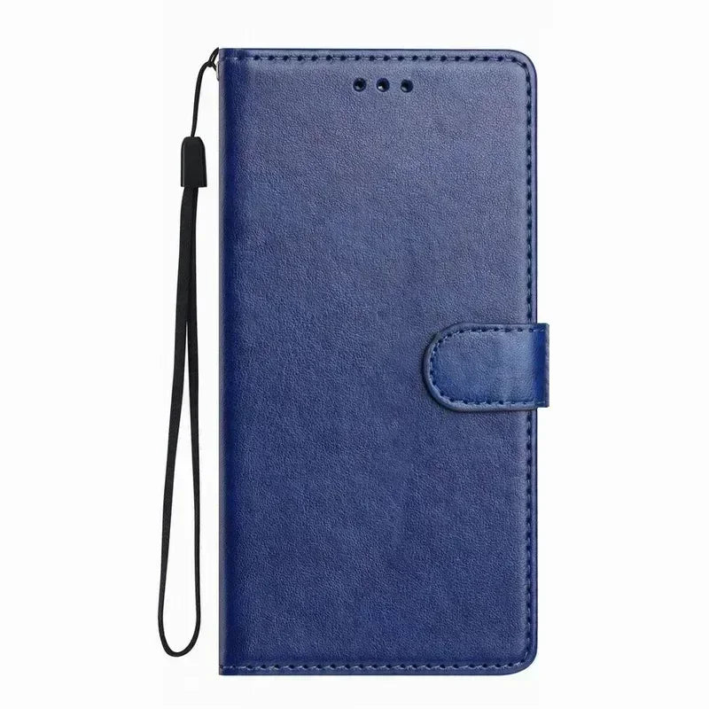 Blue leather wallet phone case with a magnetic closure and detachable wrist strap.