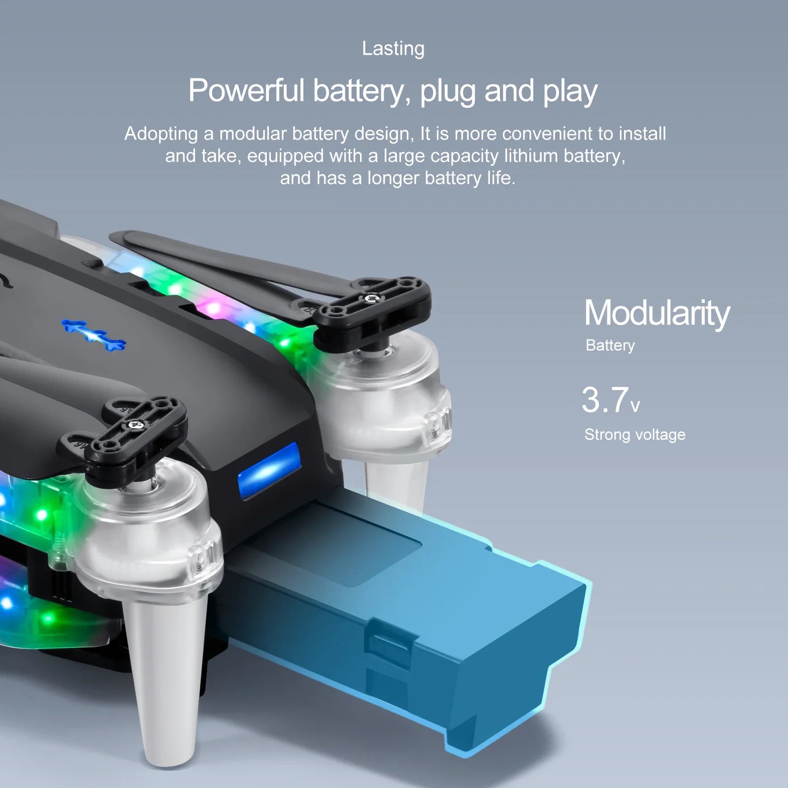 Black quadcopter drone with colorful LED lights, featuring a removable 3.7V modular battery for flight power.