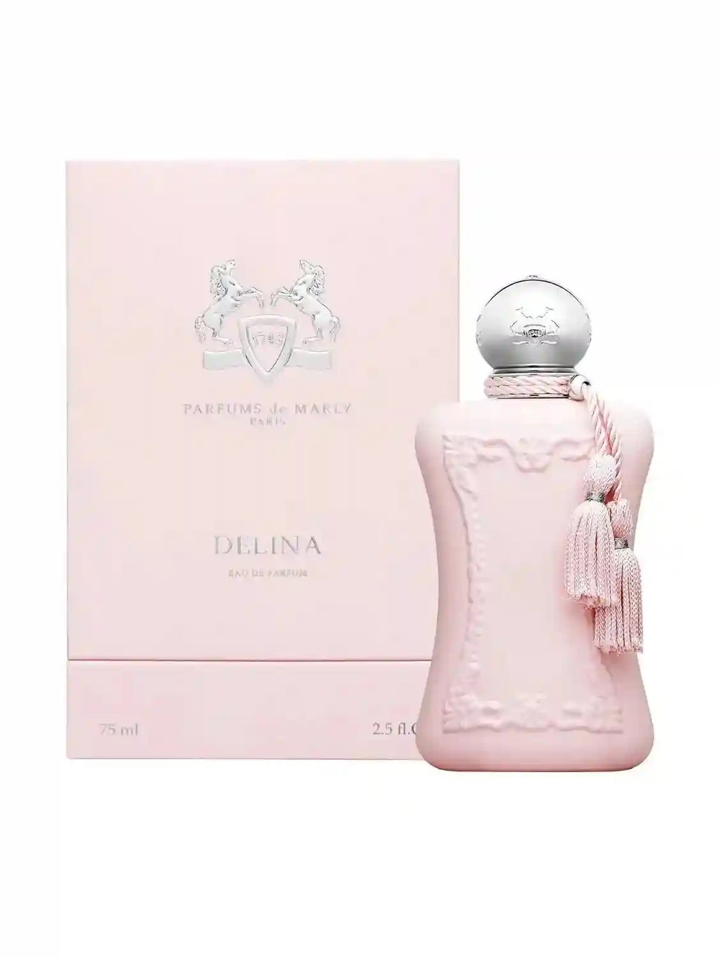 Delina eau de parfum: 75ml pink bottle with tassel and matching box, featuring a curved glass design and silver cap.