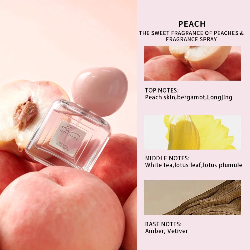 Marcas Originales Summer Peach EDP women's perfume. Square glass bottle, pink cap. Peach, bergamot, lotus, amber notes.