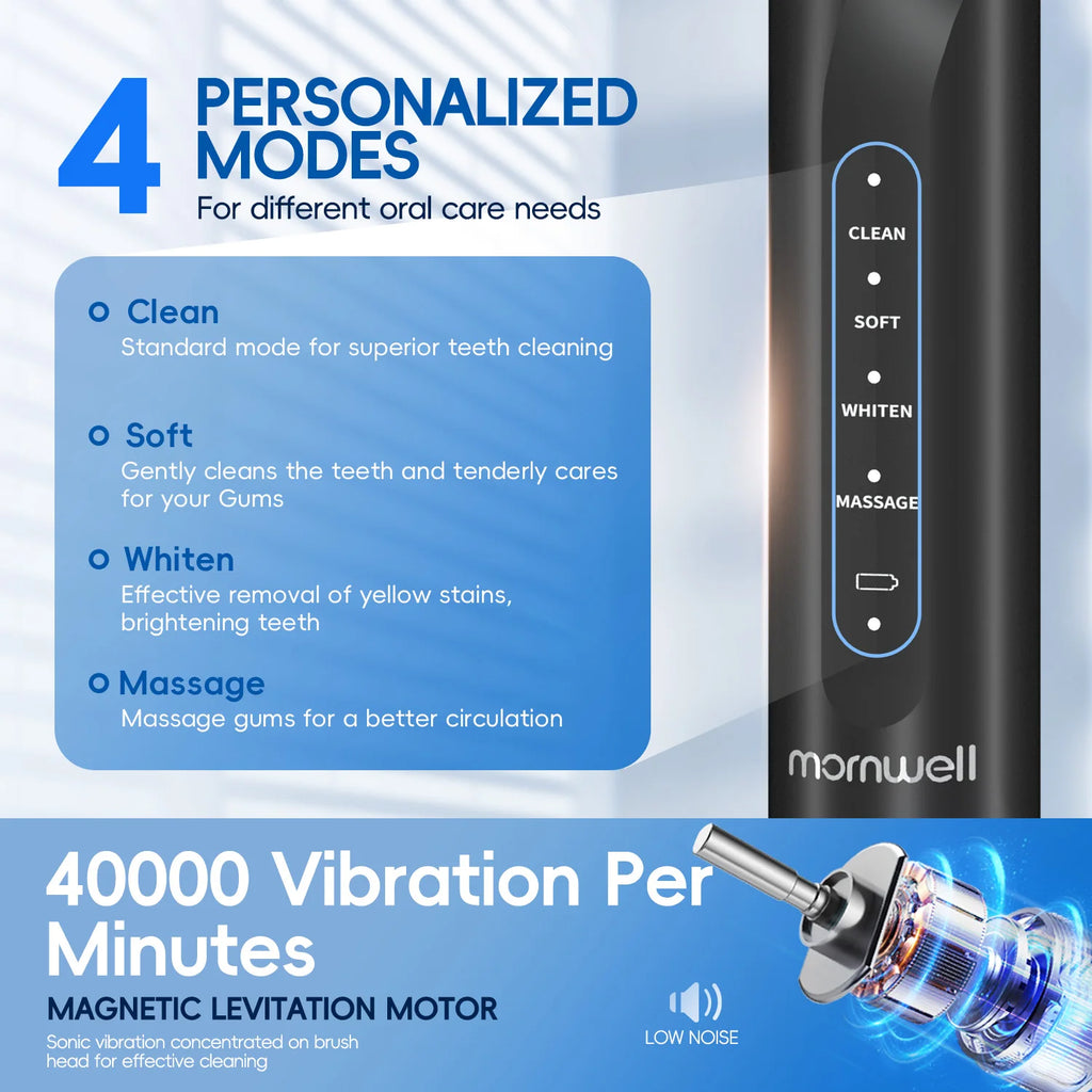 Mornwell T38 Electric Sonic Toothbrush USB Charge Rechargeable Waterproof Electronic Tooth Brushes 8 Replacement Heads Adult