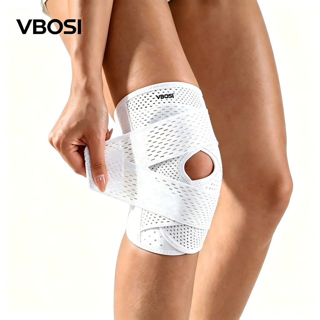 VBOSI Adjustable Breathable Knee Brace with Open Patella Compression Strap Sports Support for Running Gym Knee Pain Relief White