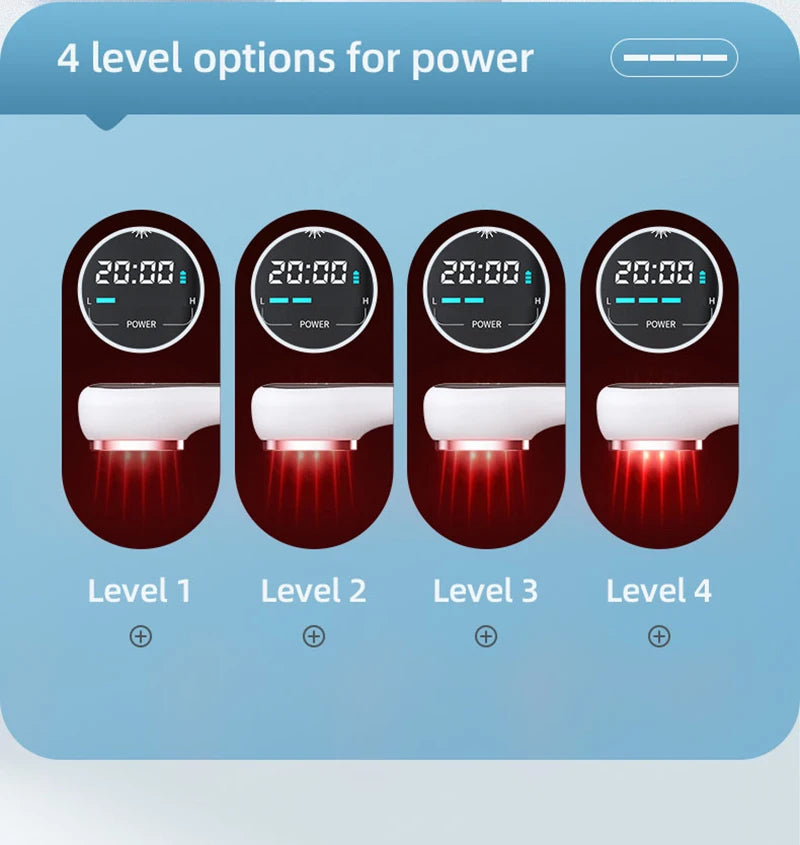 Red light therapy device showing four power intensity levels with digital timer displays and rose gold trim.