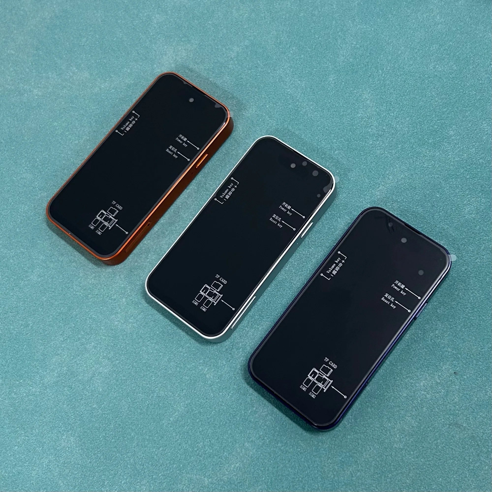ONEMYTH A18 Pro 4-inch mini smartphones in orange, silver, and blue with front button diagram overlay, top-down view.