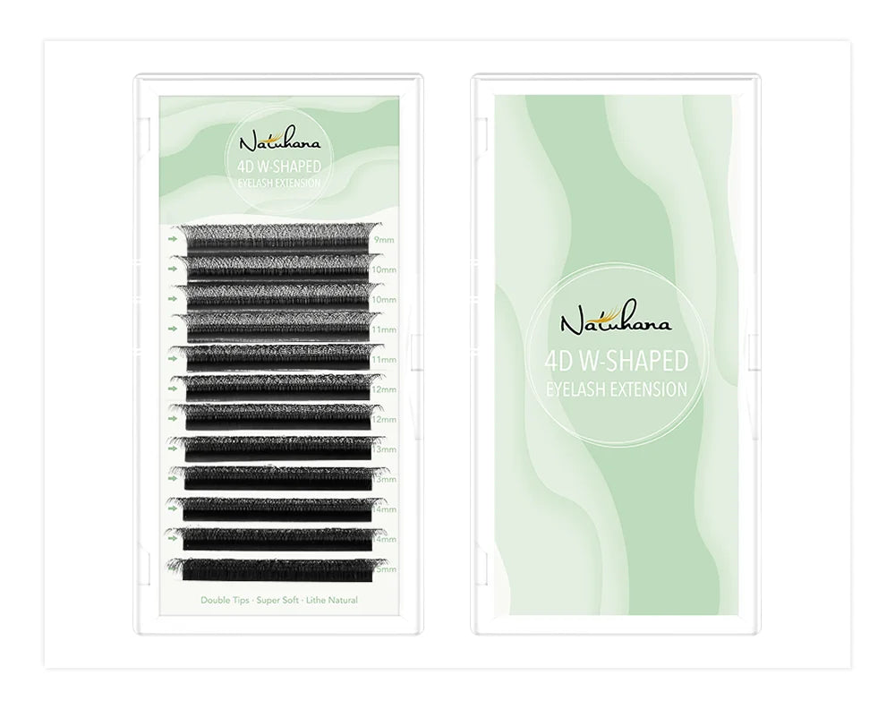 Natuhana 4D W-shaped black premade eyelash extension tray with various lengths from 9mm to 15mm.