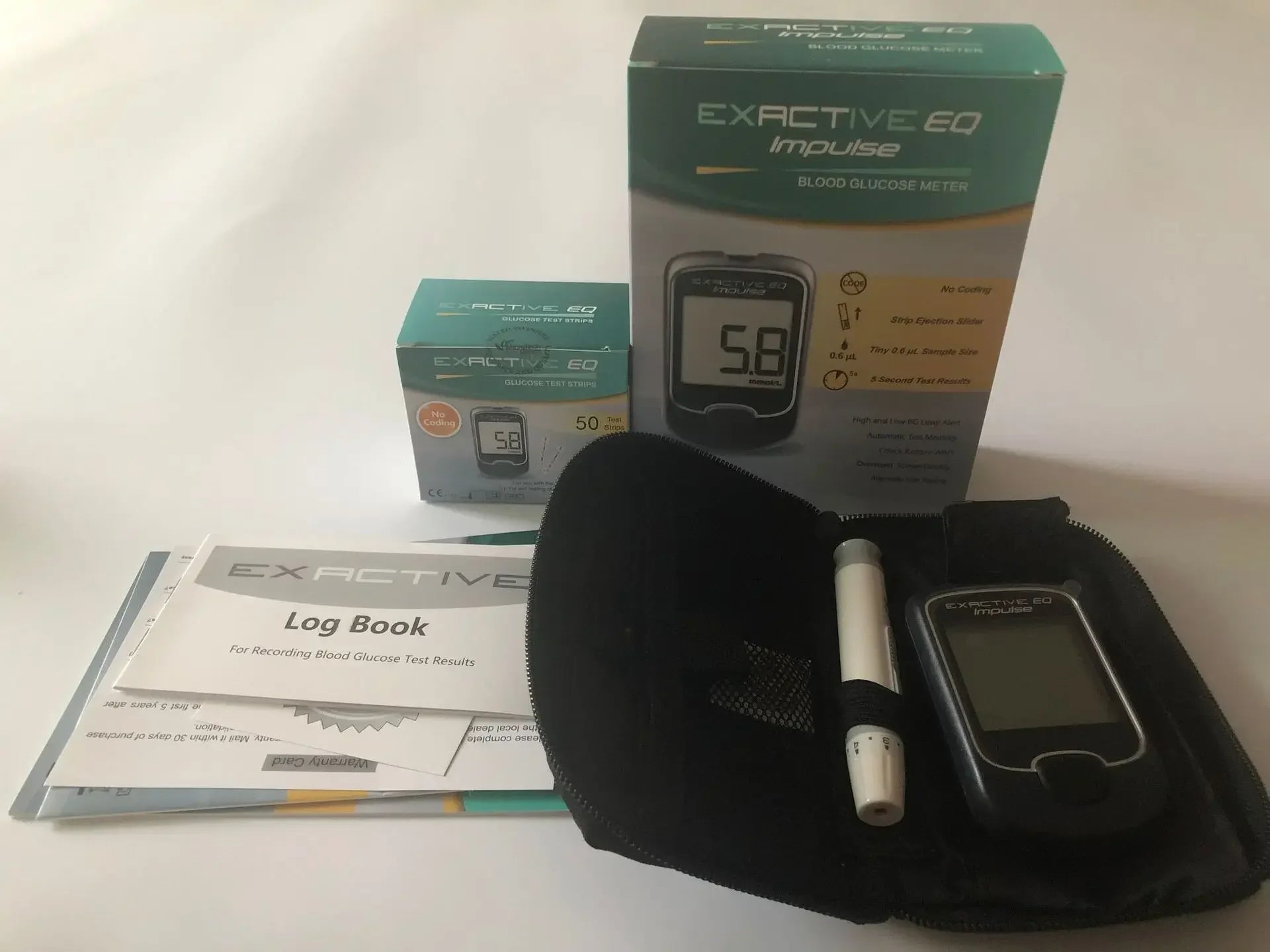 EXACTIVE EQ Impulse blood glucose meter kit with test strips, lancing device, carrying case, and log book.