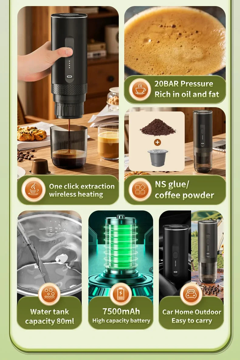 Portable black electric espresso maker with 80ml water tank, 20-bar pressure, and rechargeable 7500mAh battery.