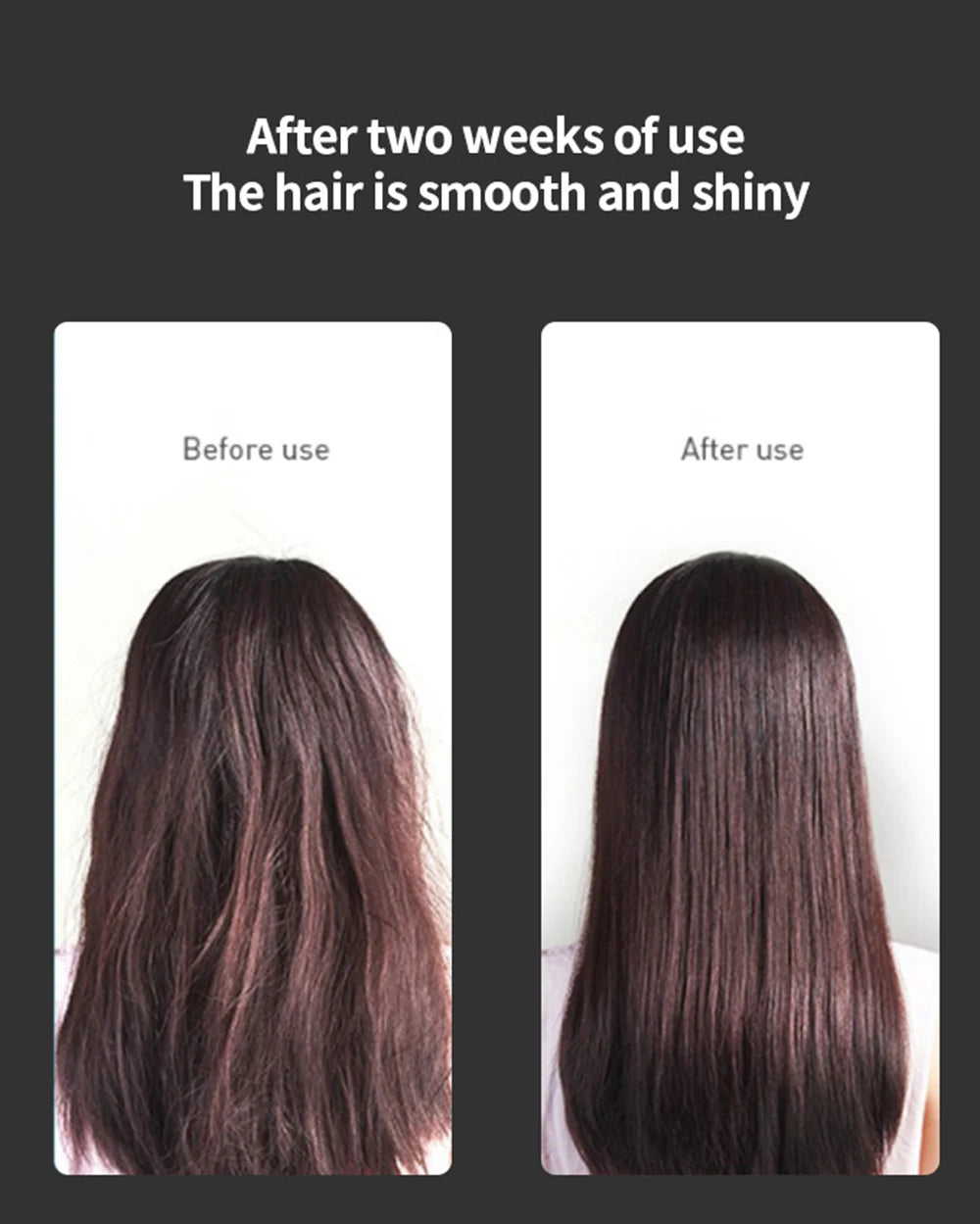 Before and after result of 1800W 5-in-1 ionic hair dryer showing smooth, shiny hair after two weeks of consistent use.