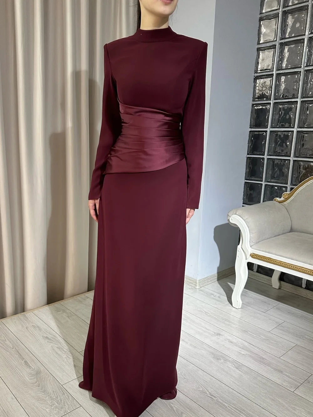 Customized Formal Jersey Pleat Straight High Collar Long Dresses Prom   Quality Chinese Style Fashion Simple Classic