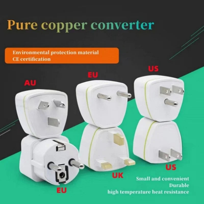 White pure copper travel power plug adapters for AU, EU, UK, and US sockets, durable and heat-resistant design.