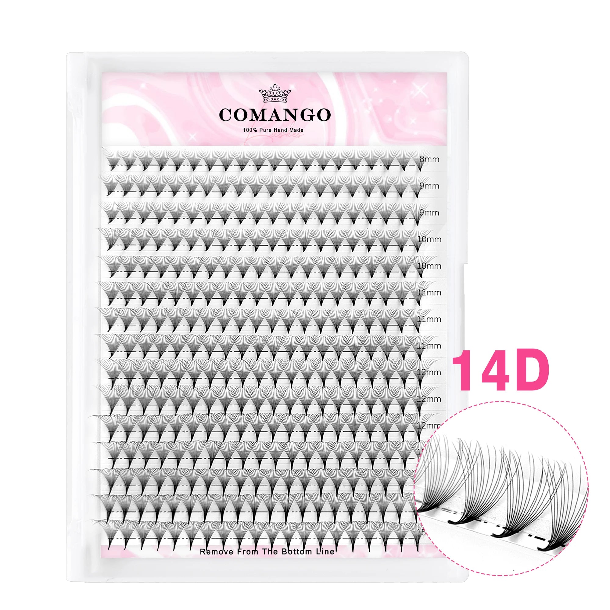 14D volume eyelash extension fan tray in black synthetic fiber, with labeled rows ranging from 8mm to 15mm in length.
