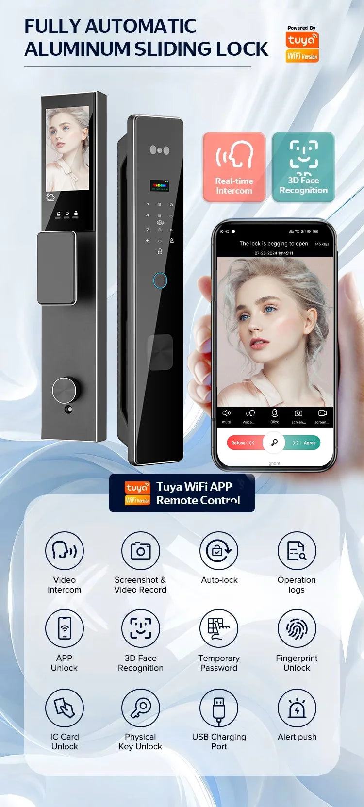 3D Face Recognition Digital Fingerprint Lock With Two-way Audio WiFi Camera Video Call APP Remote Unlock