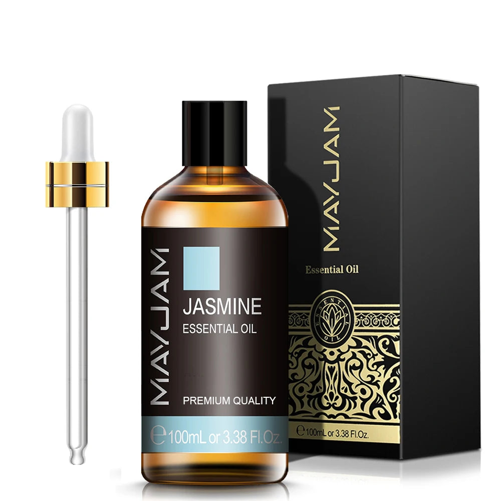 100 mL jasmine essential oil bottle with gold cap and matching dropper
