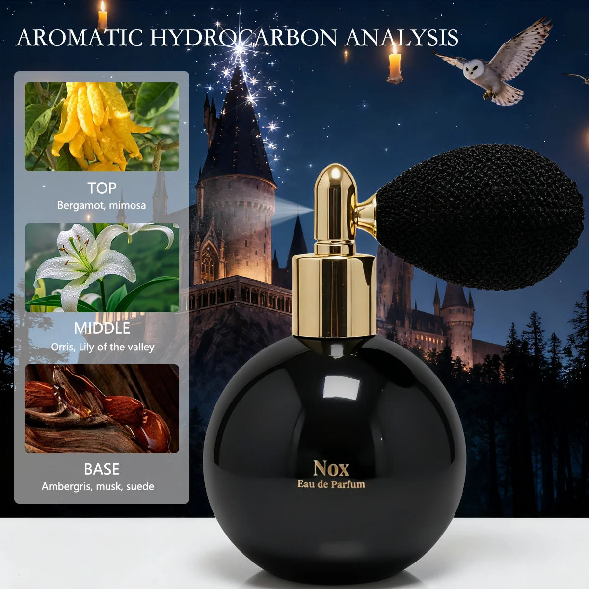 MINISO Harry Potter Nox Unisex Eau de Parfum, woody floral spray in a black round vintage bulb bottle with gold top.