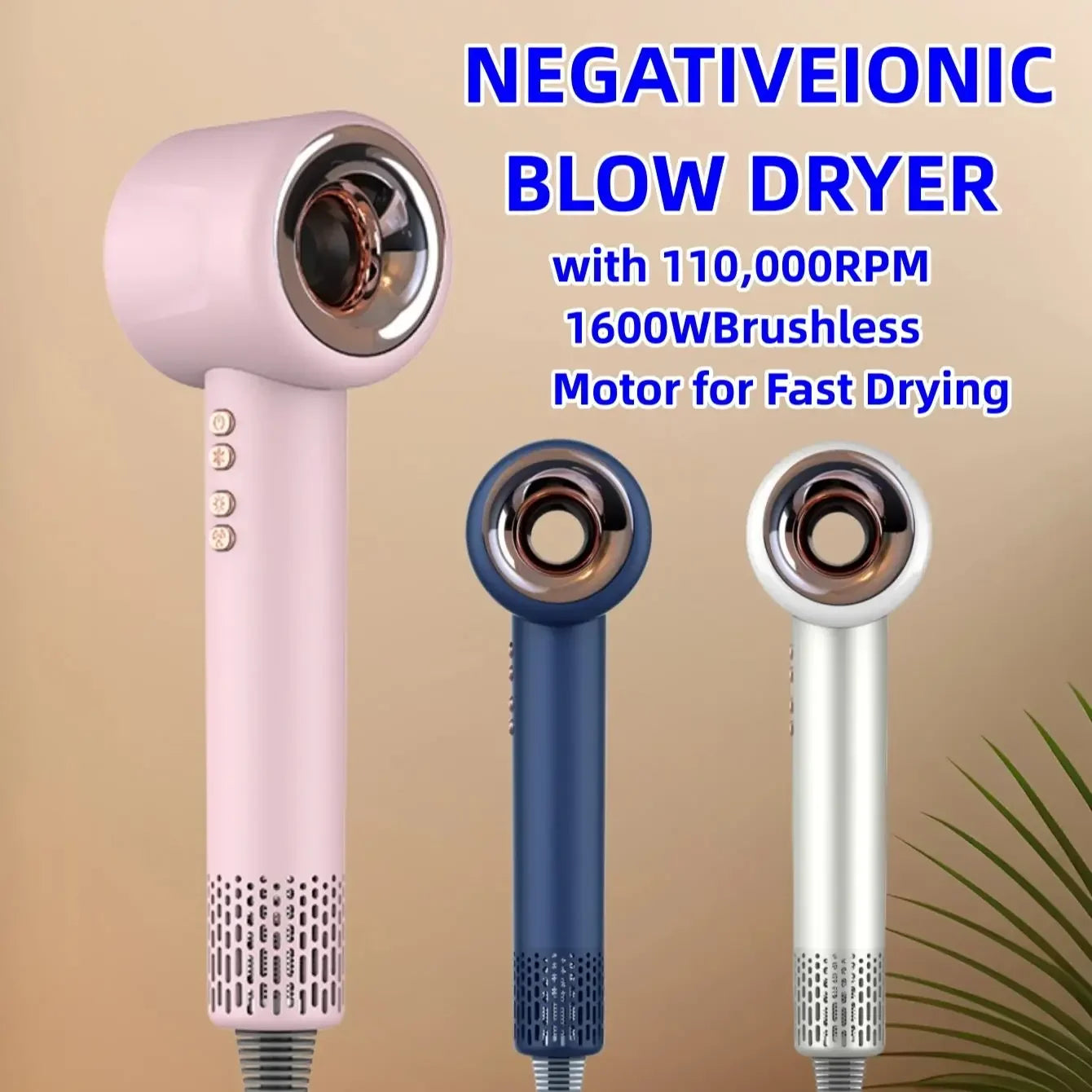 Pink, blue, and white 1600W silent negative ion hair dryers with high-speed brushless motors for fast, safe hair care.