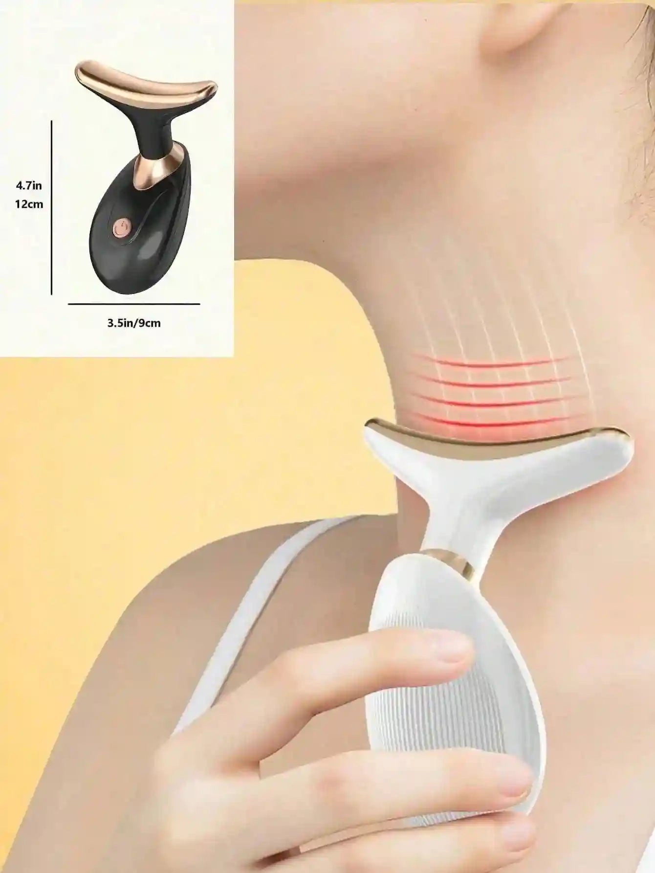 White, T-shaped facial massager being used on neck with light therapy waves, shown with a black model and dimensions.