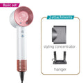 Pink and white high-speed ionic hair dryer with LED temp display, styling concentrator, and hanger attachment.