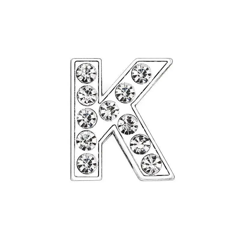 Silver rhinestone letter K slide charm for 8mm DIY pet collars to personalize dog or cat accessories.