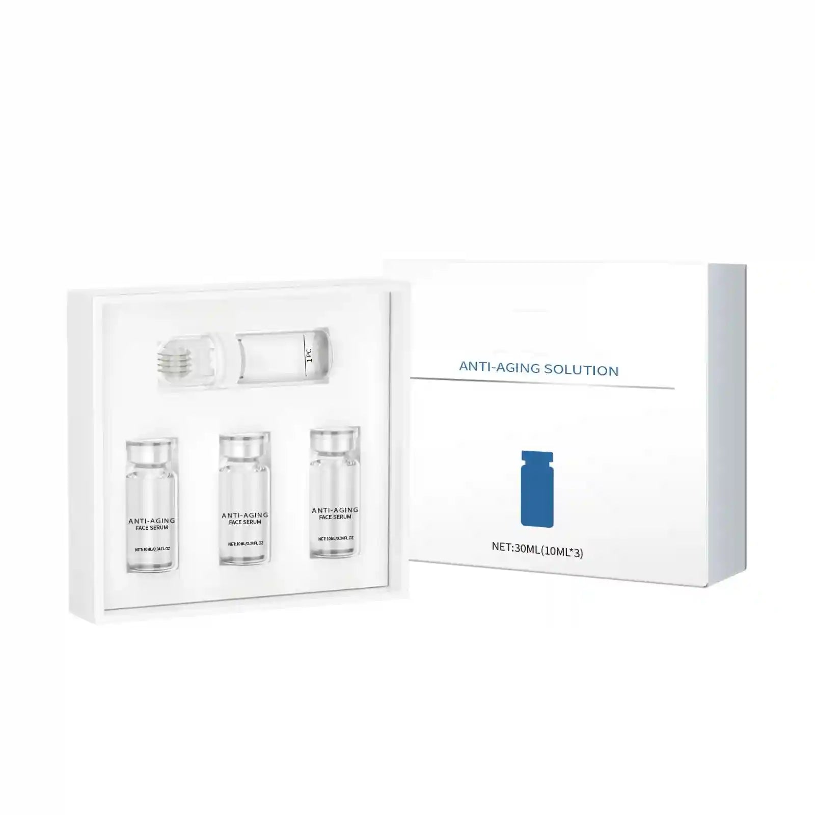 Anti-Aging Face Serum Roller Set: 3 glass vials and roller tool for firming, smoothing skin texture, and hydration.