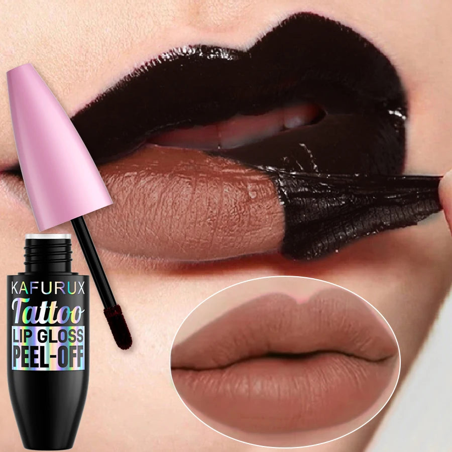 Kafurux long-lasting peel-off lip gloss with dark pigment showing matte brown lip stain result. Waterproof lip makeup.