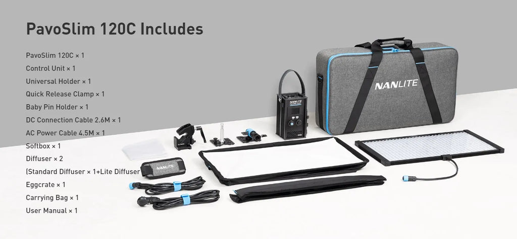 PavoSlim 120C LED panel kit with control unit, softbox, clamps, power cables, and a grey fabric carrying case.
