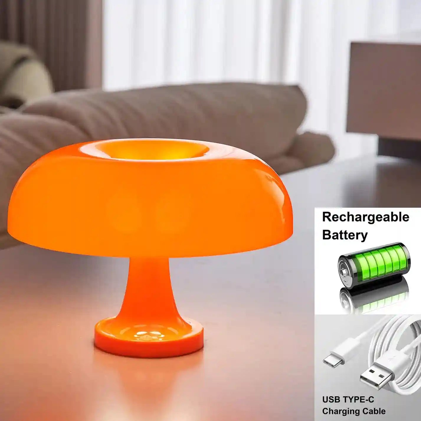 Mushroom Table Lamp - Bauhaus Bedside LED Light, 25cm Adjustable Desk Lamp orange charging 28cm Tidesmit