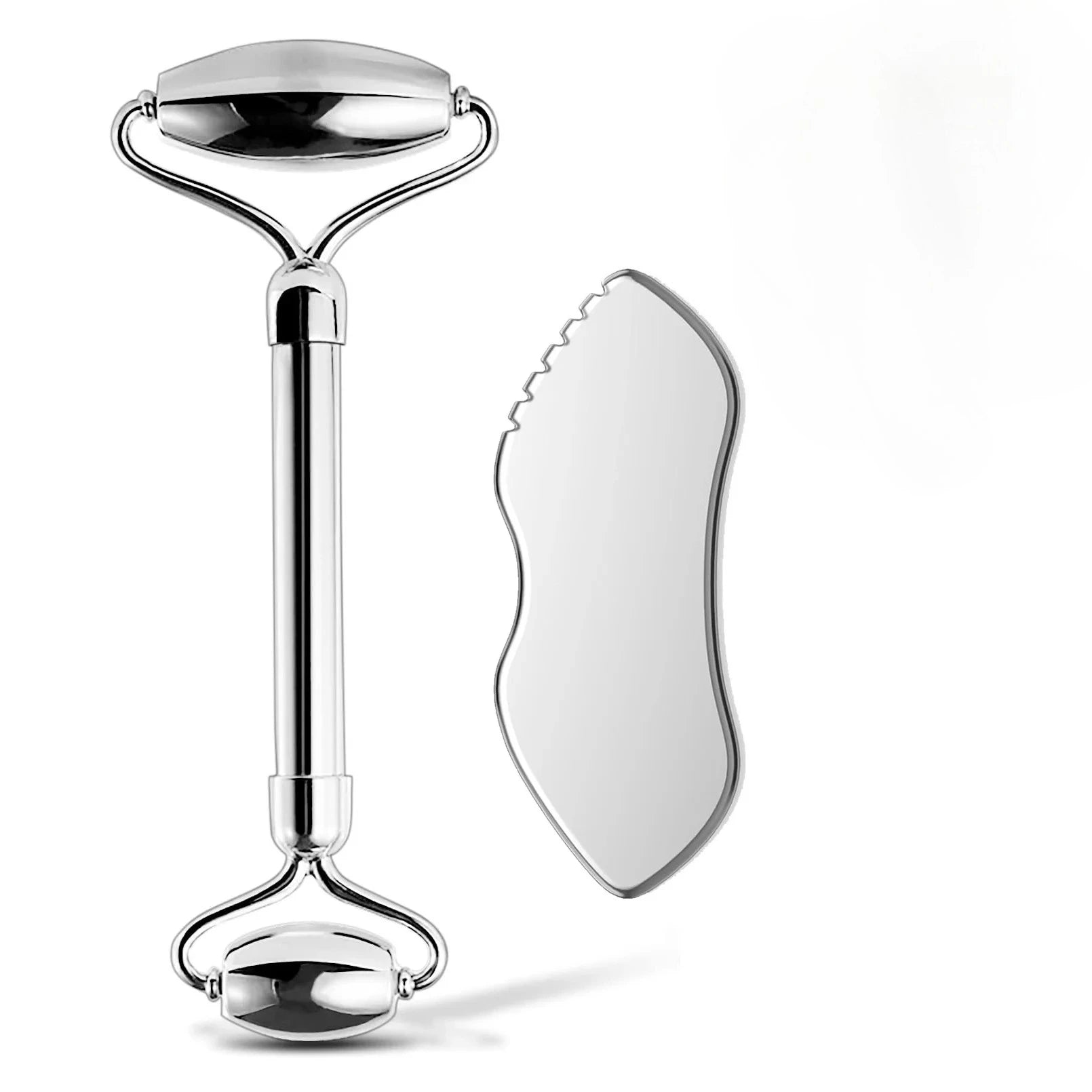 Shiny silver stainless steel dual-ended facial roller and a serrated edge gua sha massage tool on a white background.