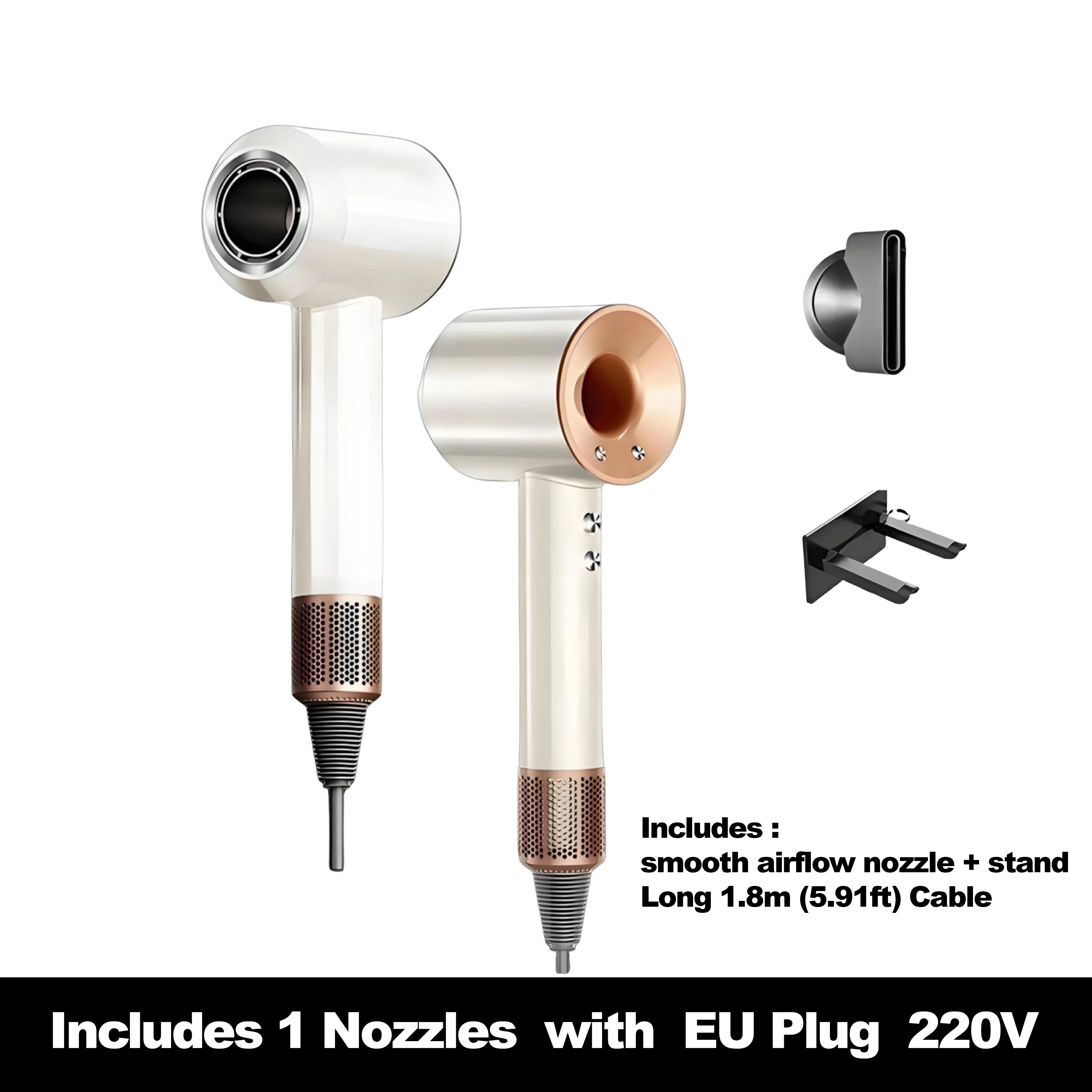 White and rose gold high-speed ionic hair dryer with nozzle attachment, wall stand, and 1.8m cable for smooth drying.