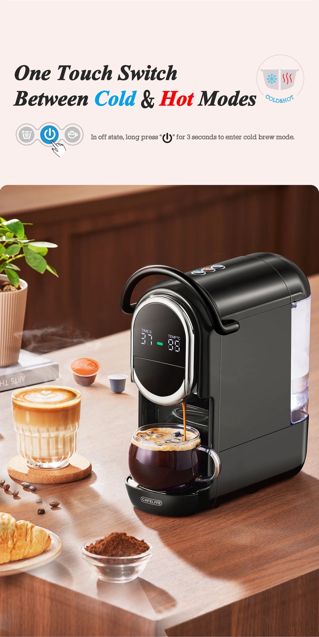 Cafellfe black capsule coffee maker with digital display, touch control, and dual hot and cold brew modes on a table.