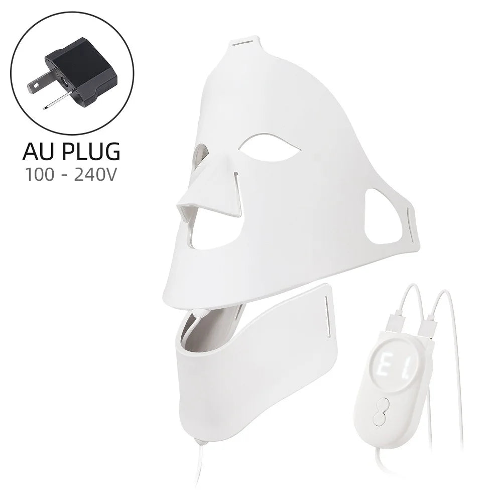 White silicone LED face and neck mask with a handheld controller and an Australian power adapter.