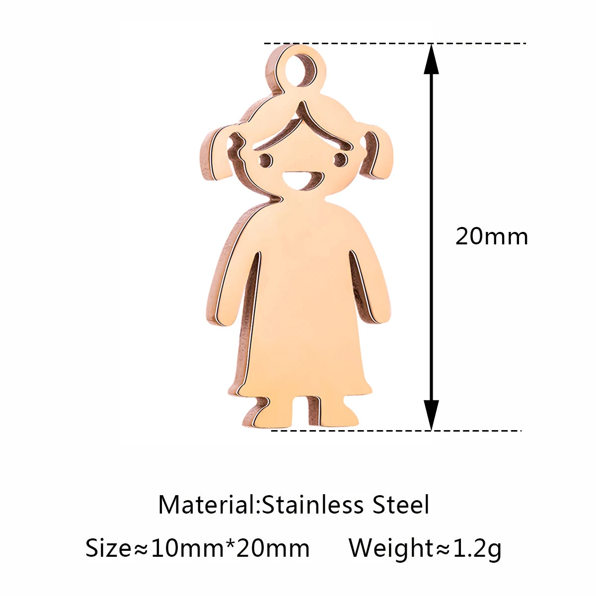 Rose gold stainless steel girl charm pendant, 20mm DIY jewelry accessory for necklaces and personalized bracelets.