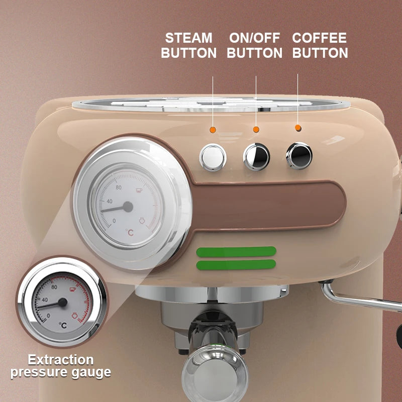 Beige retro espresso coffee machine with steam, power, and coffee buttons plus a built-in extraction pressure gauge.