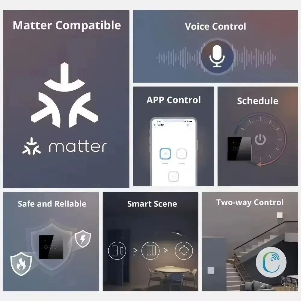 Melery Matter over WiFi Smart Light Switch Glass Touch Sensor Remote Control by Alexa GoogleApple Home Siri Homekit SmartThings