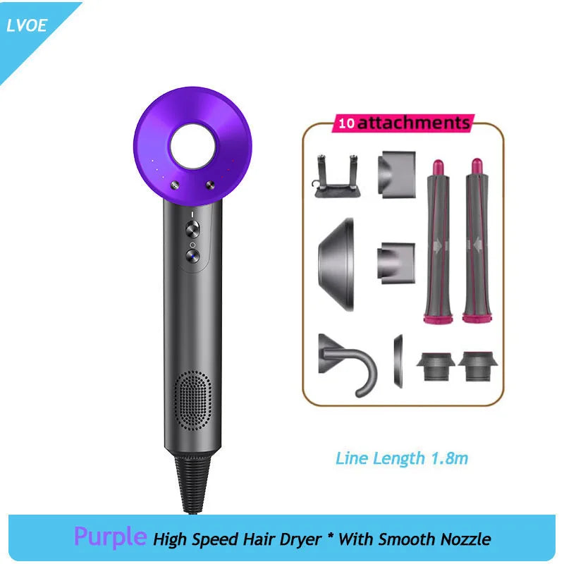 Purple 1600W high-speed ionic hair dryer with 10 styling attachments and professional salon design for quick drying.