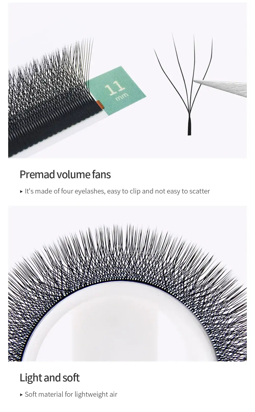 11mm black 4D premade volume eyelash extension fans on a strip for professional lash application.