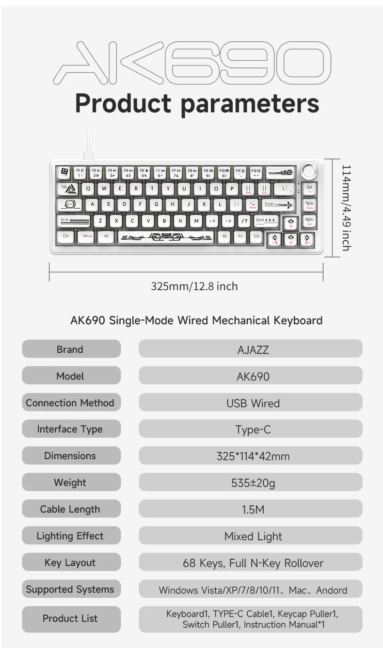 AJAZZ AK690 65% Mechanical Keyboard Wired USB Plug and Play Full-key Hot-Swap Mixed Light 68 Keys Gaming Keyboard for Laptop PC