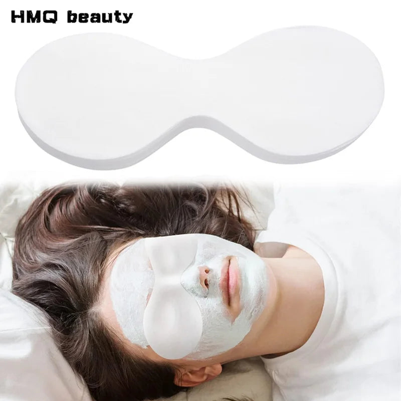 White, hourglass-shaped disposable cotton eye masks for skincare, shown individually and applied over eyes.