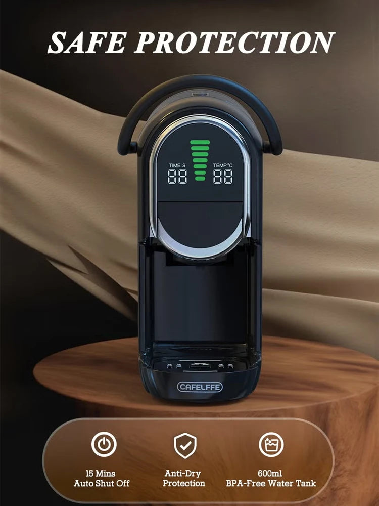 Cafelffe black single-serve coffee maker with digital display, 600ml BPA-free tank, and auto shut-off safety features.