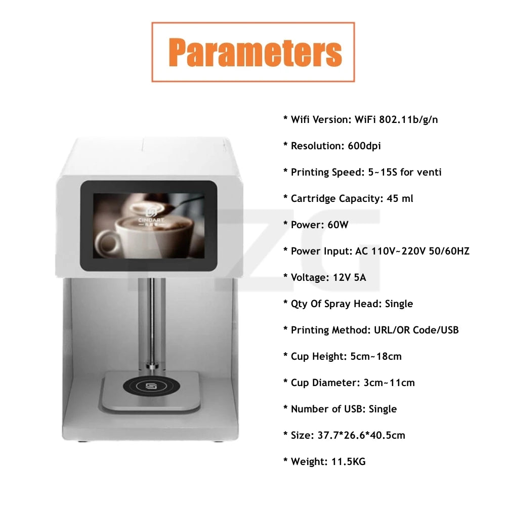 Cindart white coffee foam printer with digital display screen and specifications list for cup printing.